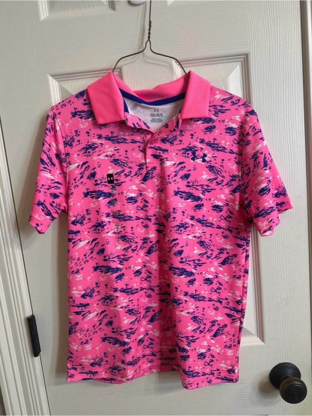 Under Armour Pink Polo with Navy & White Camouflage Print
